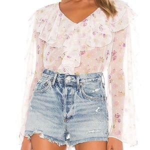 MAJORELLE Floral Ruffle V Neck Cambridge Blouse Size Small